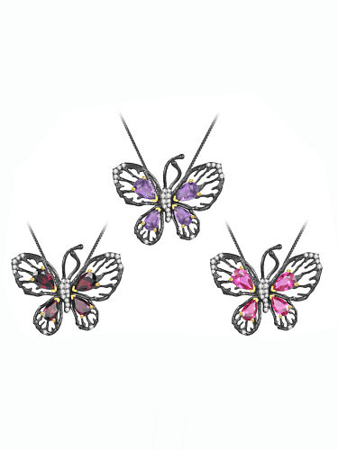 925 Sterling Silver Garnet Vintage Butterfly Pendant Necklace