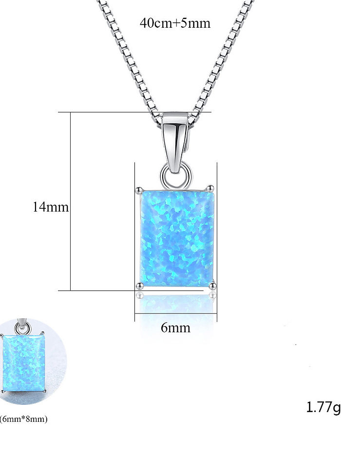 925 Sterling Silver Blue Opal simple Square Pendant Necklace