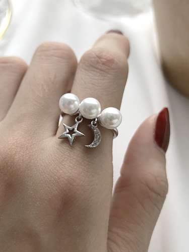 925 Sterling Silver Imitation Pearl White Star Trend Bead Ring
