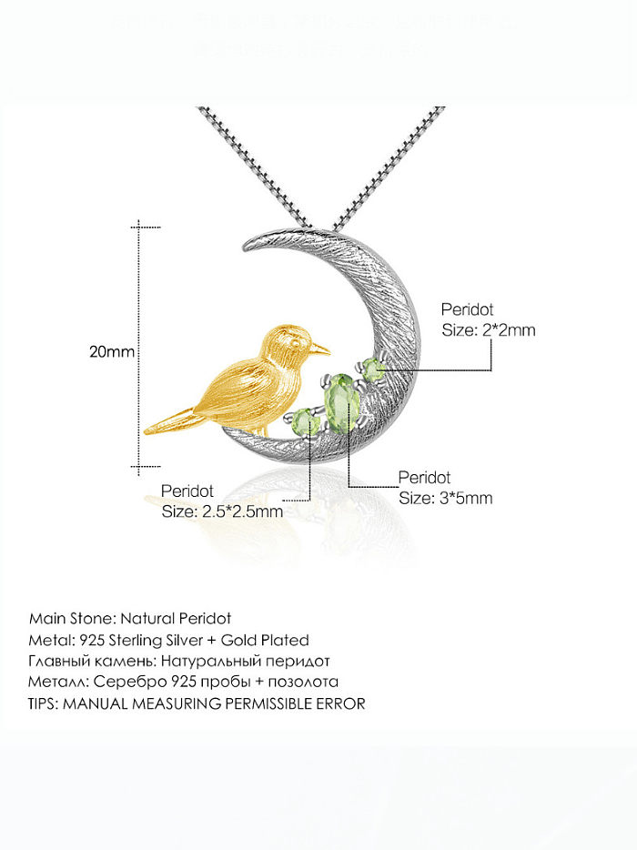 925 Sterling Silver Peridot Bird Artisan Moon Pendant Necklace