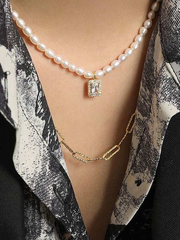 Geometrische minimalistische Halskette aus 925er Sterlingsilber mit Süßwasserperlen