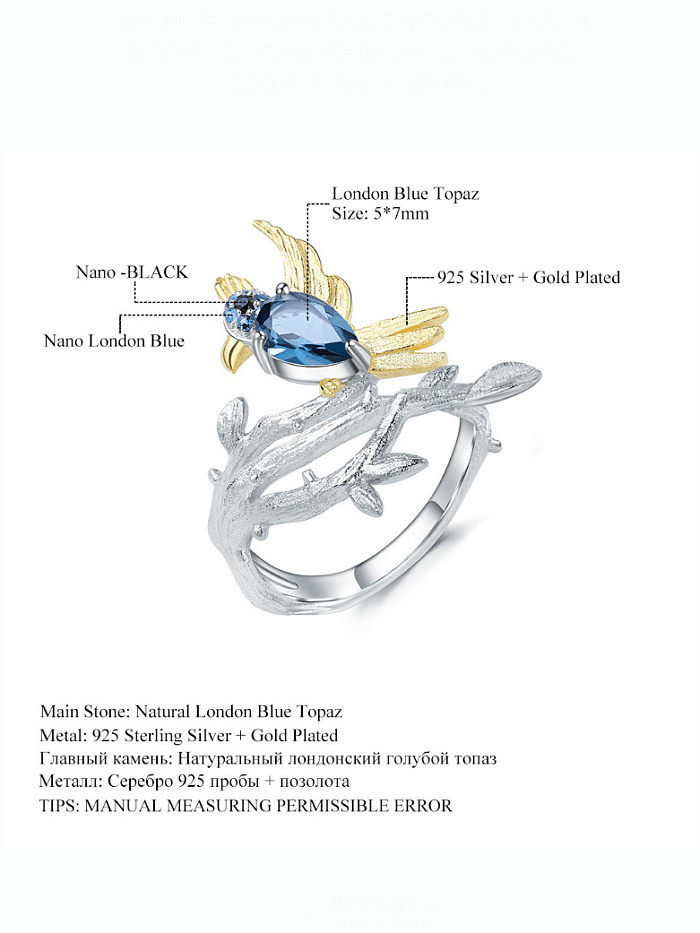 Anillo de banda de lujo con pájaro topacio del tesoro de color natural de plata de ley 925