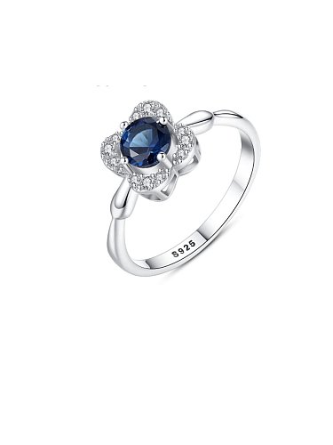 Anel de banda de luxo de prata esterlina 925 zircônia cúbica azul flor