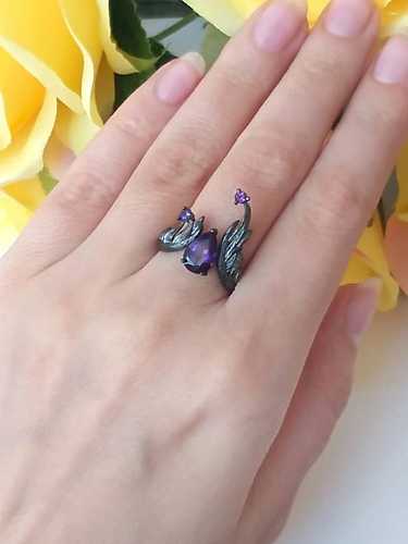925 Sterling Silver Amethyst Water Drop Vintage Band Ring