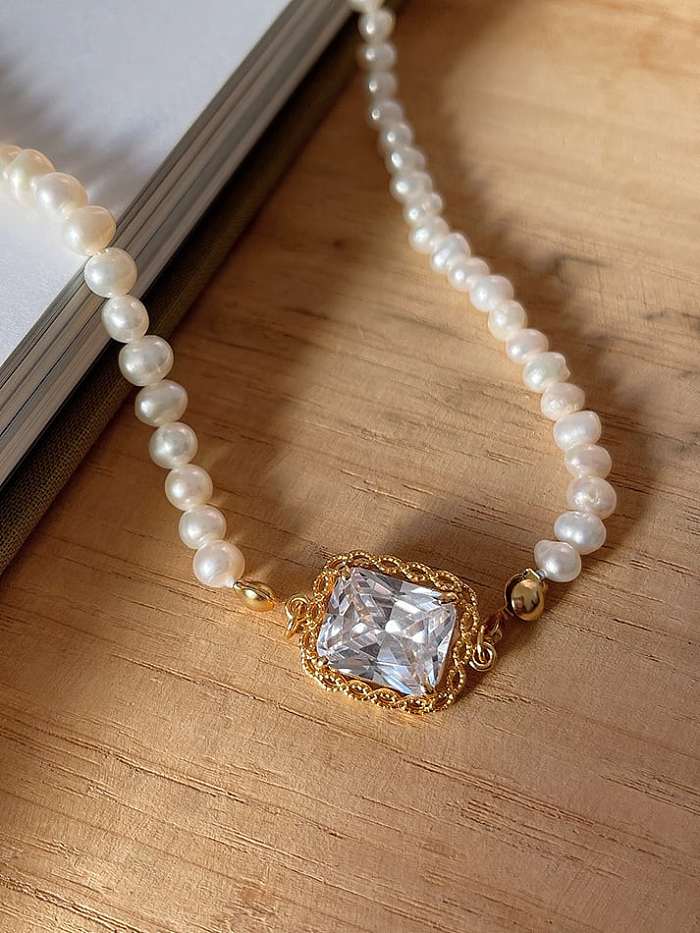 925 Sterling Silver Imitation Pearl Geometric Vintage Necklace