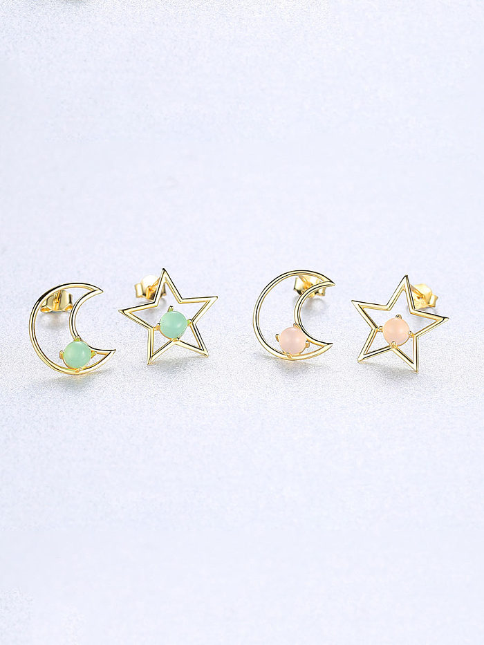 Pendientes de plata de ley 925 con ópalo multicolor, lindas estrellas, luna, asimetría.