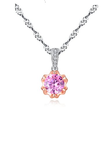 925 sterling silver simple Pink Cubic Zirconia Flower Pendant Necklace