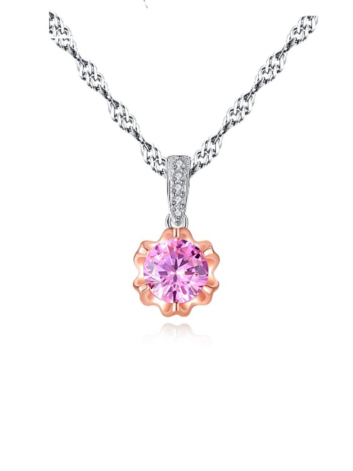 925 sterling silver simple Pink Cubic Zirconia Flower Pendant Necklace