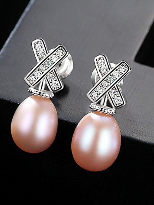 Sterling Silver micro insert 3A zircon Letter X 7-8mm natural Pearl Earrings
