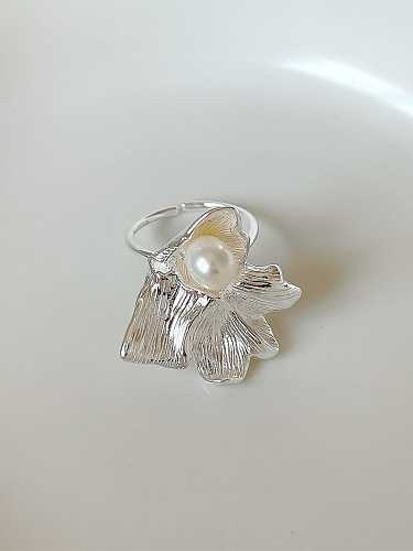 Anel de prata esterlina 925 imitação pérola vintage irregular flor anel