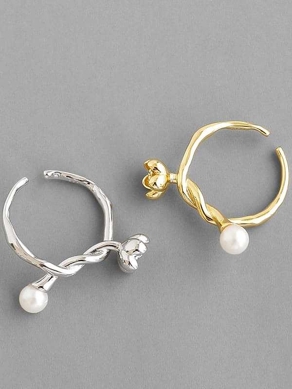 925 Sterling Silver Imitation Pearl White Flower Minimalist Band Ring