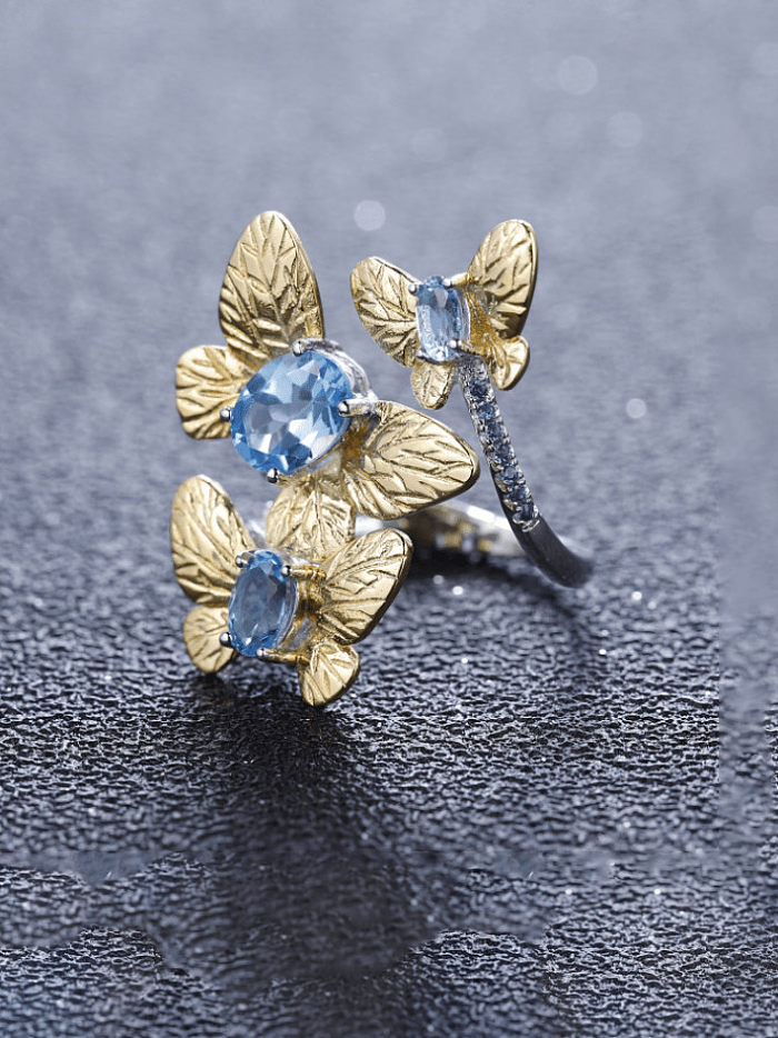 925 الفضة الاسترليني السويسري الأزرق توباز الفراشة خاتم الحرفيين باند