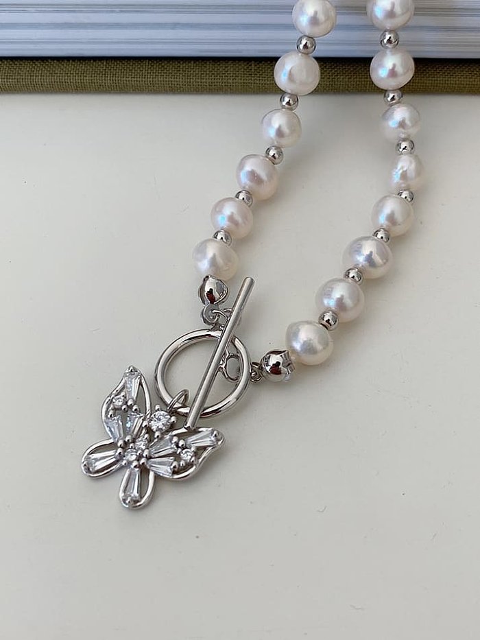 Collar vintage de mariposa de perlas de agua dulce de plata de ley 925