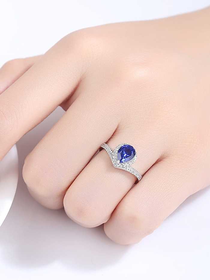 925 Sterling Silver Cubic Zirconia Blue Heart Trend Band Ring