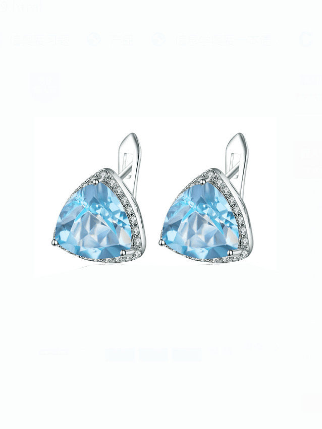 925 Sterling Silver Swiss Blue Topaz Triangle Luxury Stud Earring