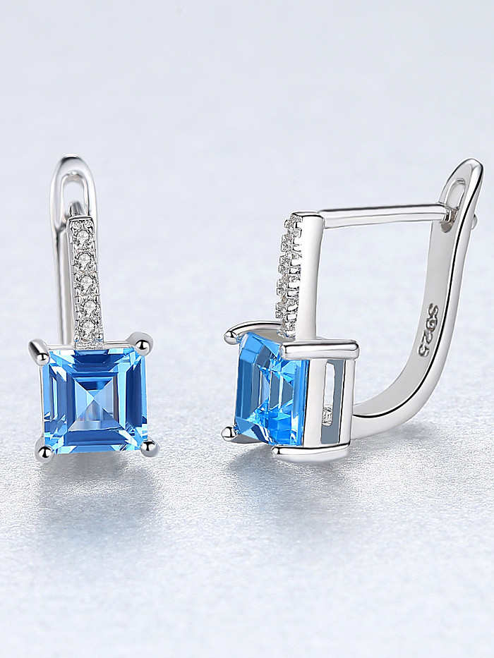 Sterling silver micro-inlaid zircon blue square synthetic topaz earring