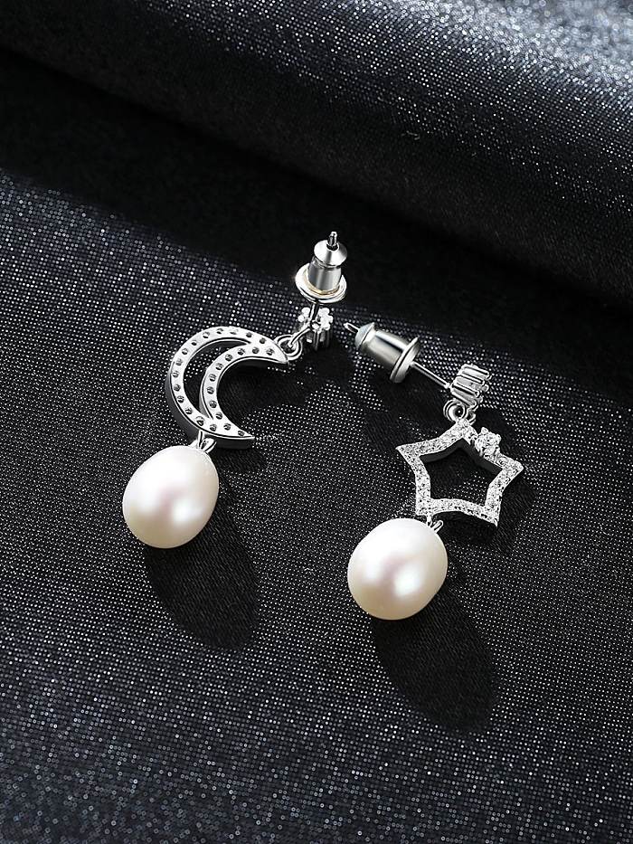 925 Sterling Silver Freshwater Pearl White Star Moon Trend Drop Earring