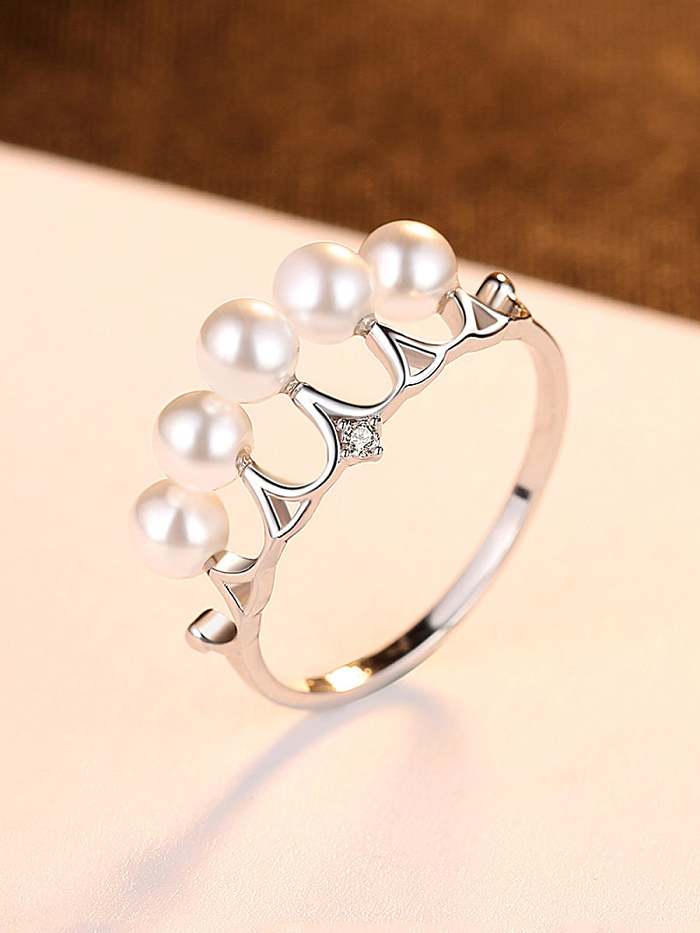 925 Sterling Silver Imitation Pearl White Crown Minimalist Band Ring