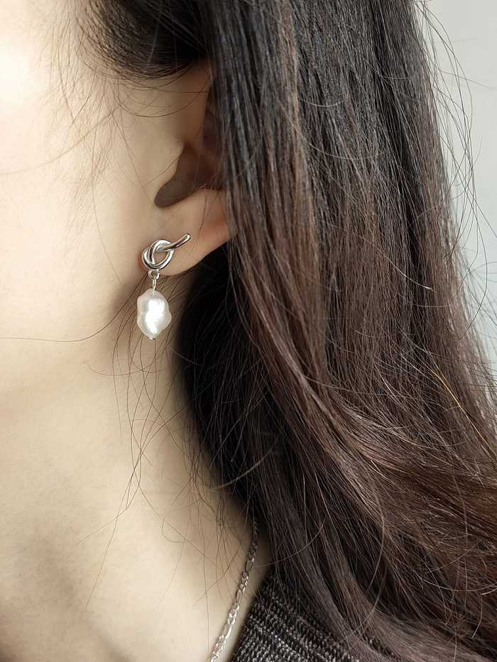 Boucles d'oreilles nouées vintage irrégulières en argent sterling 925 avec perle d'imitation blanche
