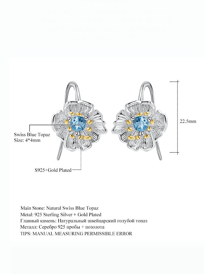 925 Sterling Silver Natural Topaz Flower Artisan Hook Earring