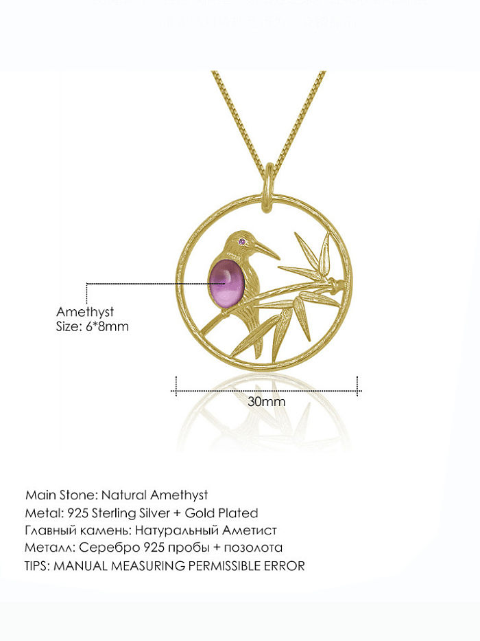 925 Sterling Silver Amethyst Bird Artisan Round Pendant Necklace