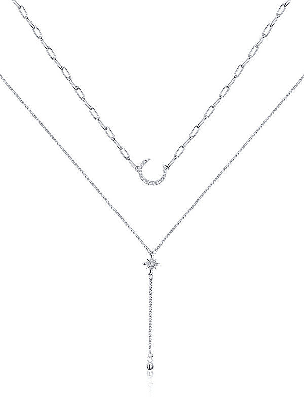 925 Sterling Silver Cubic Zirconia Moon Tassel Minimalist Multi Strand Necklace
