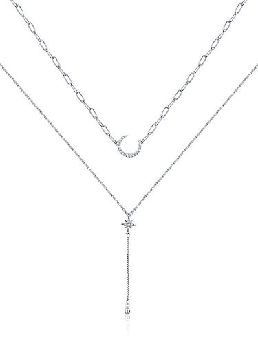 925 Sterling Silver Cubic Zirconia Moon Tassel Minimalist Multi Strand Necklace
