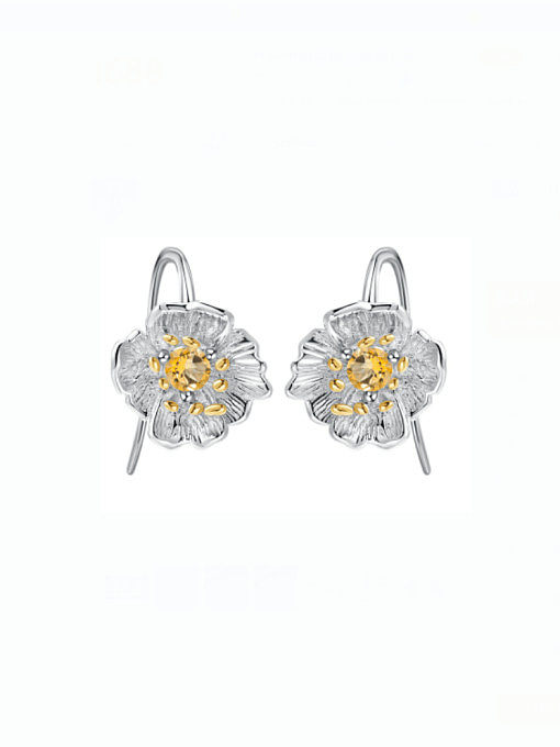 925 Sterling Silver Natural Topaz Flower Artisan Hook Earring