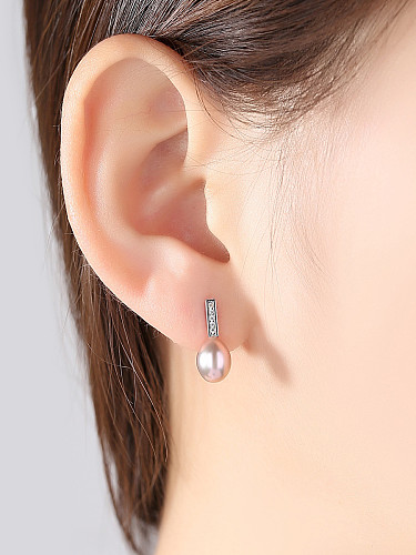 Sterling silver inlaid with 3A zircon 7-8mm natural pearl earring