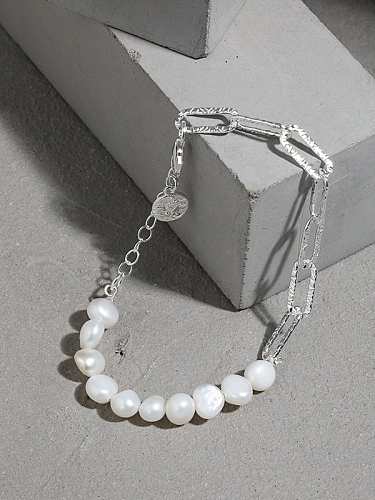 Pulsera de eslabones vintage geométricos de perlas de agua dulce de plata esterlina 925
