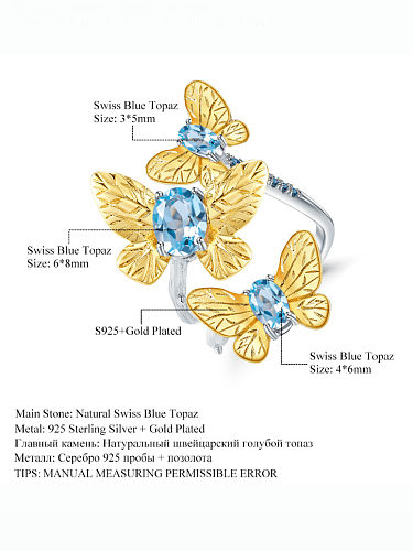 Anel de banda artesanal de borboleta de topázio azul suíço de prata esterlina 925