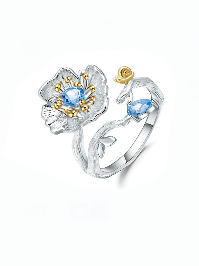 Anel de banda artesanal de flor de topázio azul suíço de prata esterlina 925