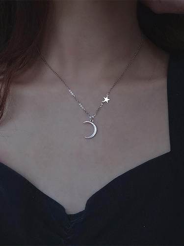 925 Sterling Silver Rhinestone Star Moon Dainty Necklace