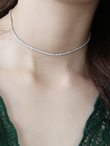 925 Sterling Silver Square Cubic Zirconia Dainty Choker Necklace