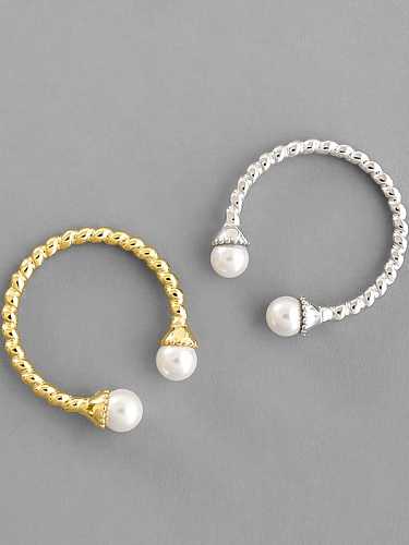 Anillo de banda de tamaño libre minimalista redondo de perla de imitación de plata esterlina 925