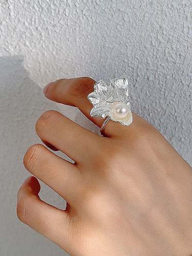 925 Sterling Silver Imitation Pearl Irregular Vintage Flower Band Ring