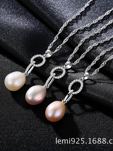 925 Sterling Silver Double Ring Set With AAA Zircon Freshwater Pearl Pendant Necklace