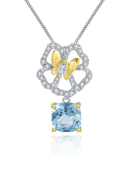 925 Sterling Silver Swiss Blue Topaz Artisan Butterfly Flower Pendant Necklace