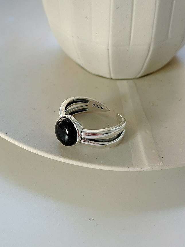 925 Sterling Silver Black Agate Irregular Vintage Band Ring