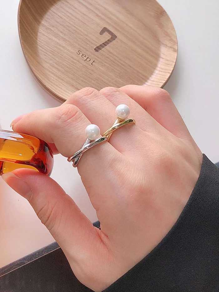 خاتم من الفضة الإسترليني عيار 925 قابل للتكديس من اللؤلؤ المقلد بتصميم هندسي