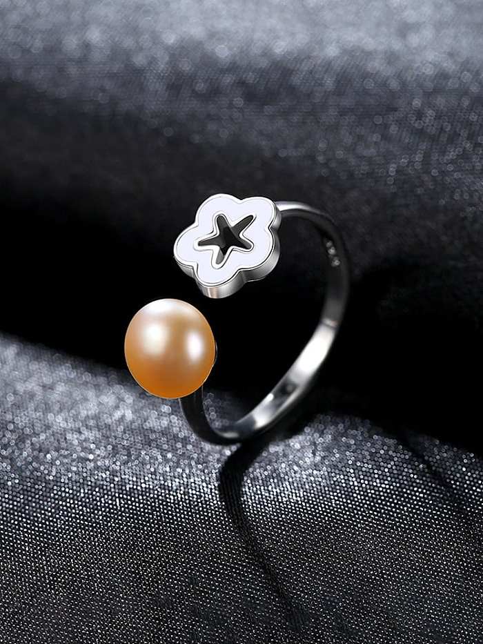 925 Sterling Silver With Artificial Pearl Simplistic Flower Free Size Rings