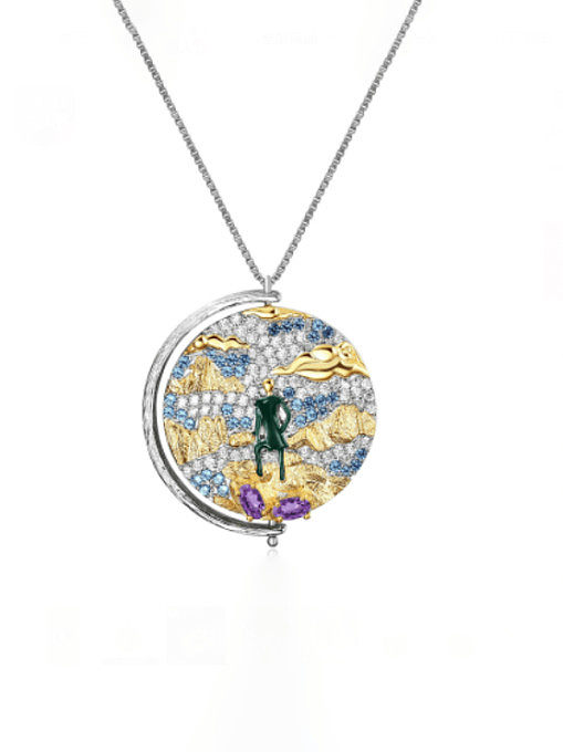 Collier pendentif rond de luxe avec motif abstrait en pierre naturelle en argent sterling 925