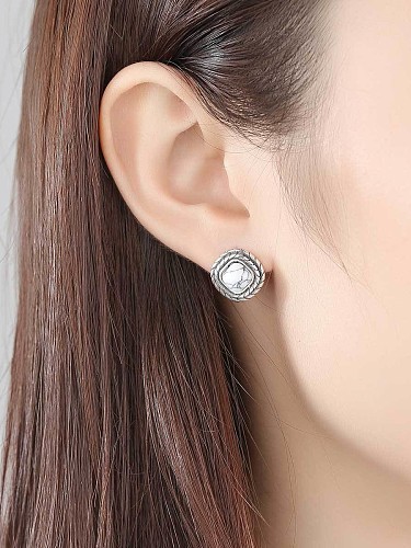Pendientes de botón de turquesa blanca cuadrada retro de plata tailandesa