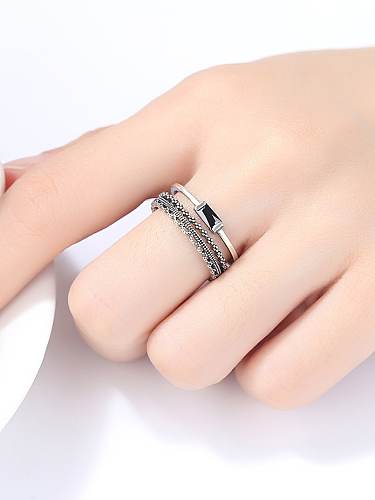 925 Sterling Silver Cubic Zirconia Black Geometric Vintage Free Size Stackable Ring