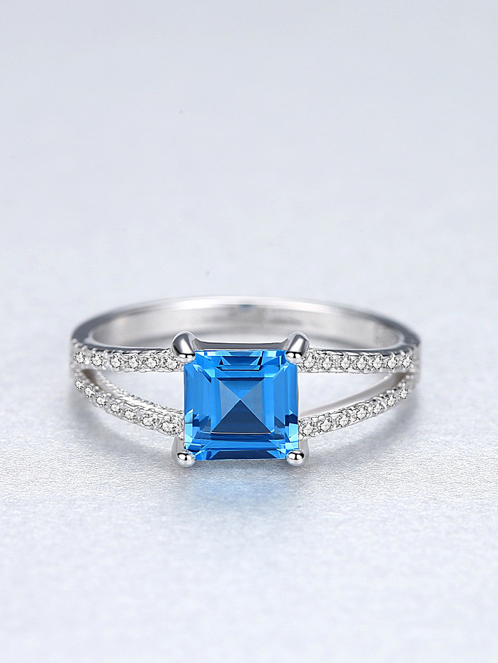 Sterling silver micro-inlaid zircon blue square synthetic topaz ring