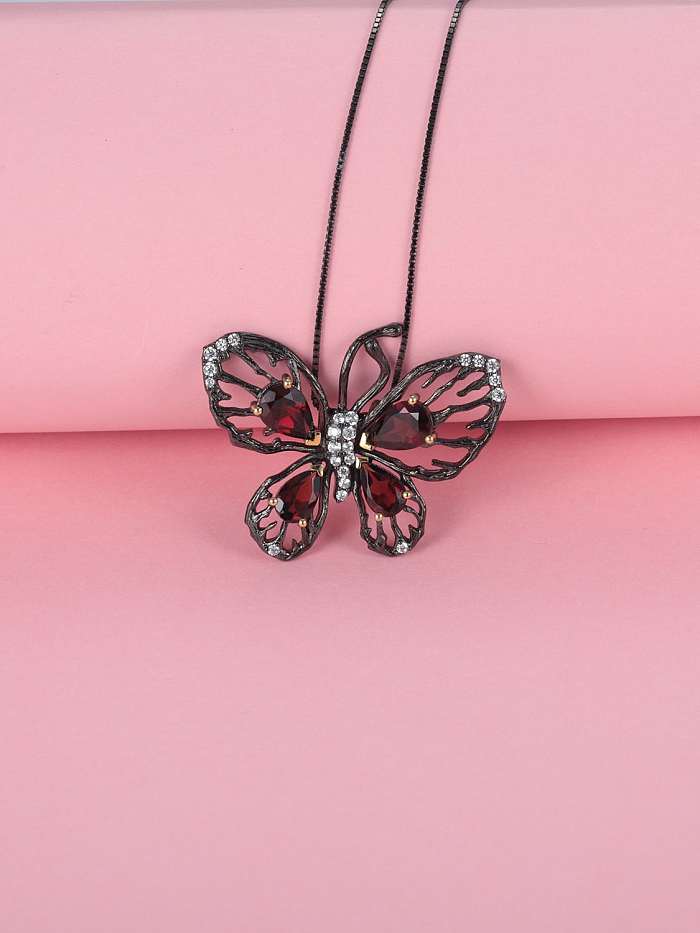 Collier pendentif papillon vintage grenat en argent sterling 925