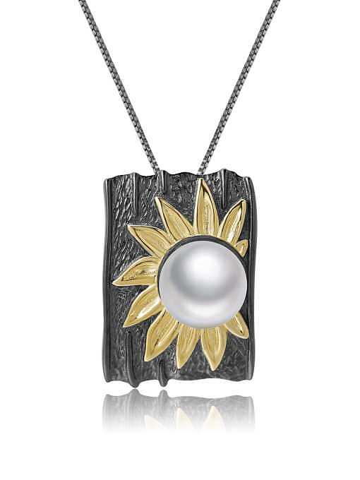 925 Sterling Silver Imitation Pearl Sunflower Vintage Geometric Pendant Necklace