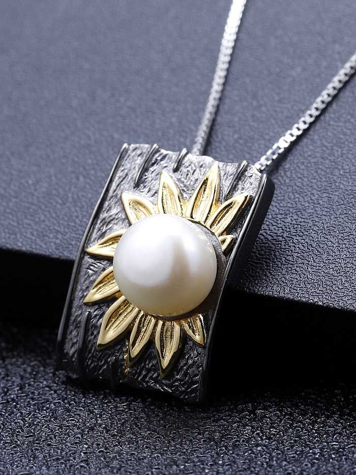 Collar con colgante geométrico vintage de girasol de perlas de imitación de plata de ley 925