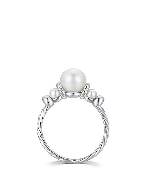 925 Sterling Silver Imitation Pearl Geometric Dainty Band Ring