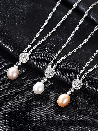 Collar de perlas naturales de agua dulce de plata de ley con circón AAA de 7-8 mm